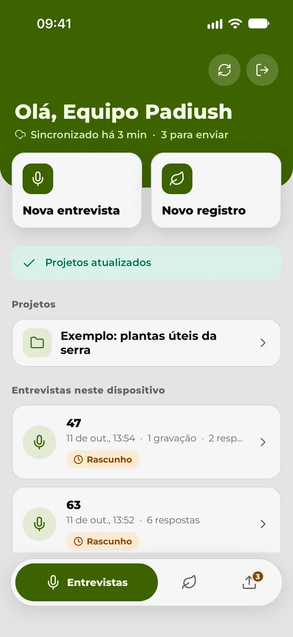 A aba Entrevistas do aplicativo de campo: a última sincronização, o que falta enviar e as entrevistas salvas no celular.