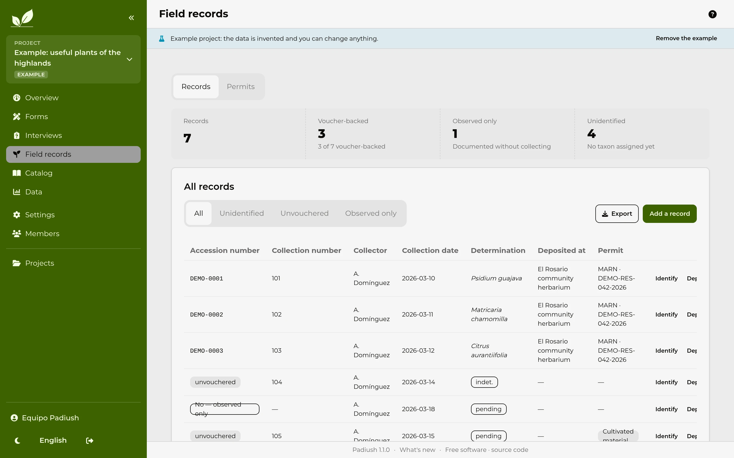 A project’s list of field records, with observations and collected specimens.