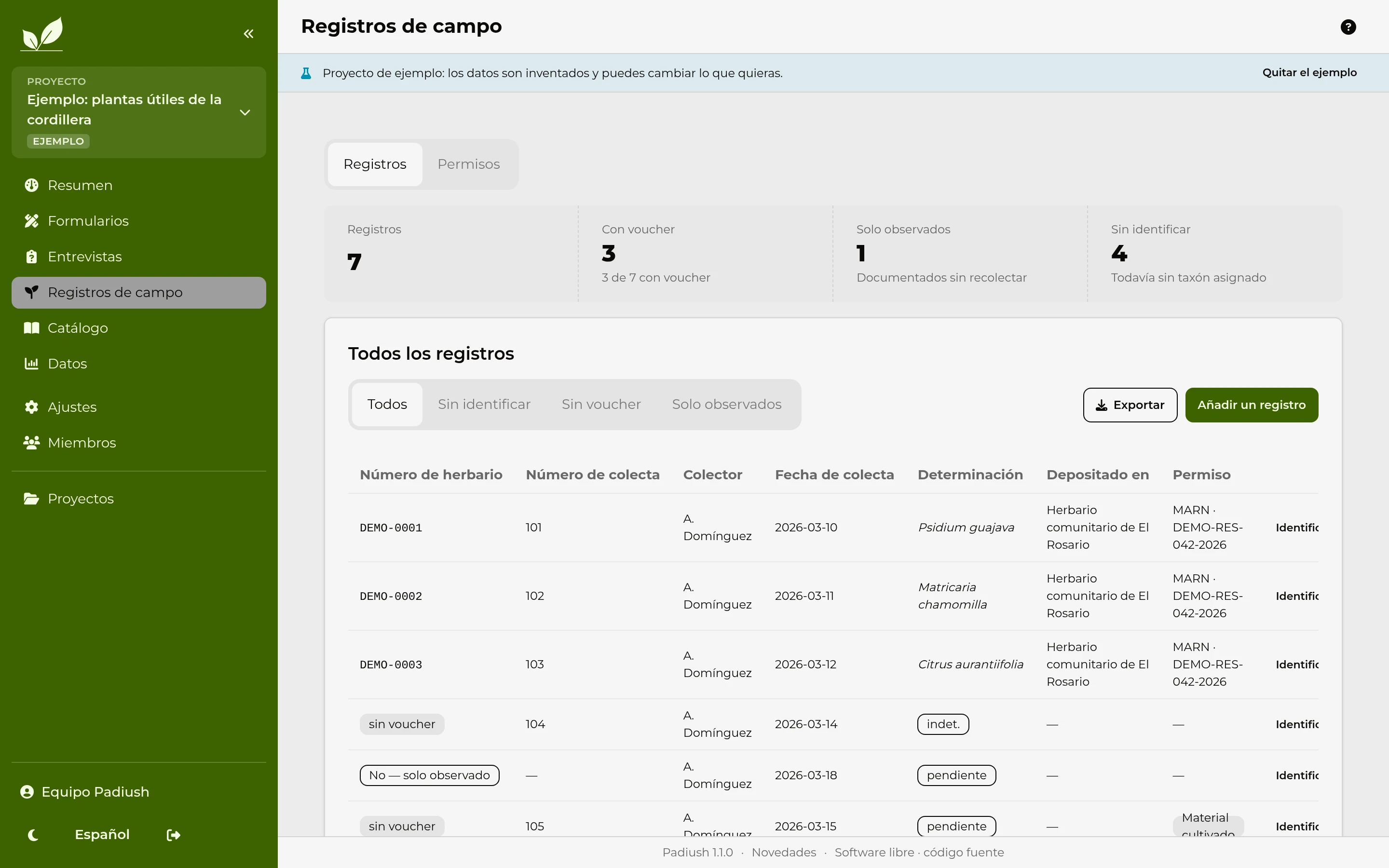 Lista de registros de campo de un proyecto, con observaciones y ejemplares colectados.